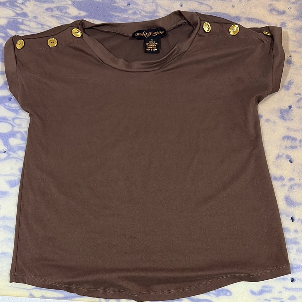 Jones New York Brown Boxy T-Shirt with Gold Accents